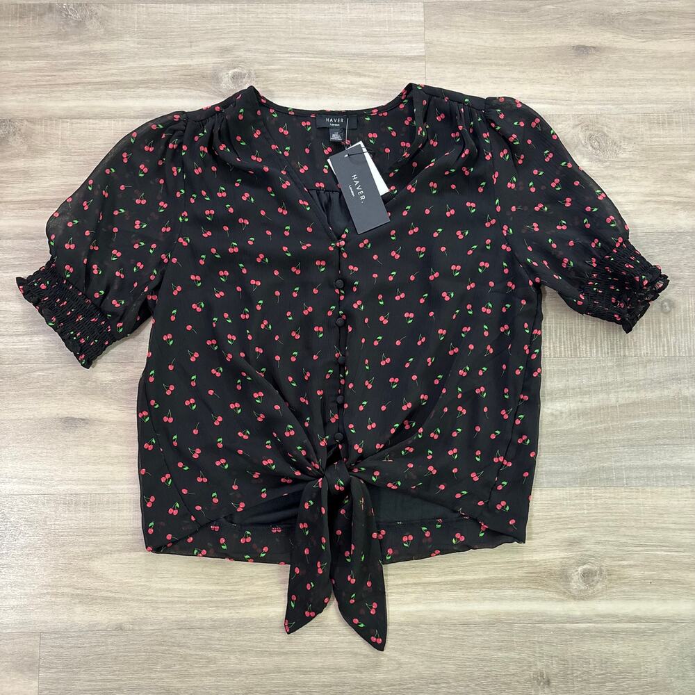 NWT Haver London Black Cherry Short Sleeve Blouse Top Women Size Small